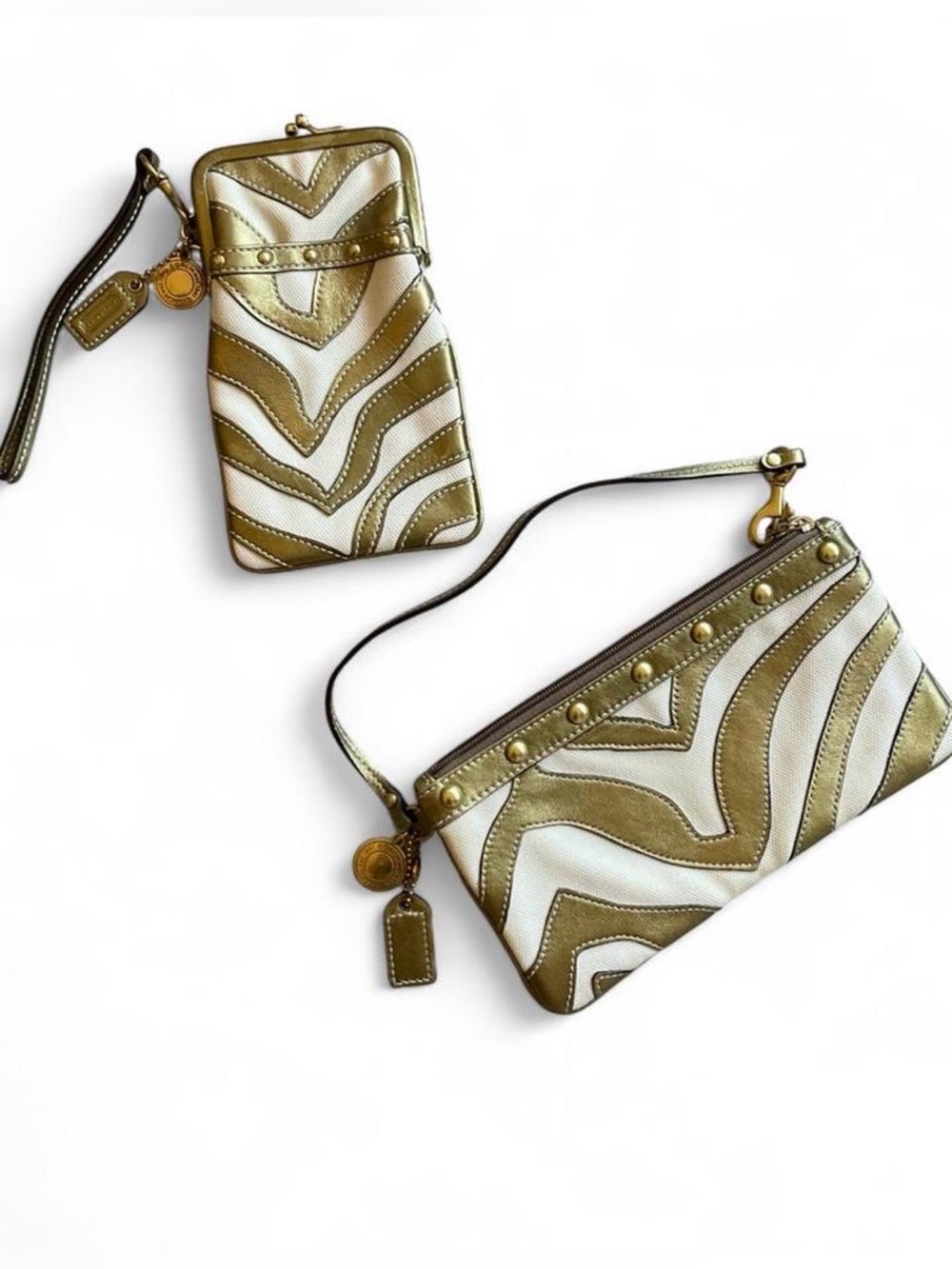 VINTAGE Y2K COACH Metallic Gold Zebra Wristlet & Kisslock Pouch Studded SET